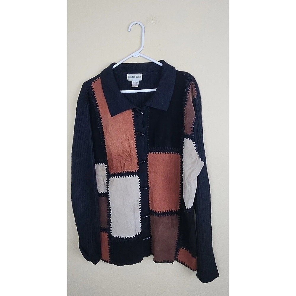 Leather Patchwork Cardigan XL Black Brown Ribbed Knit Toggle mixed media